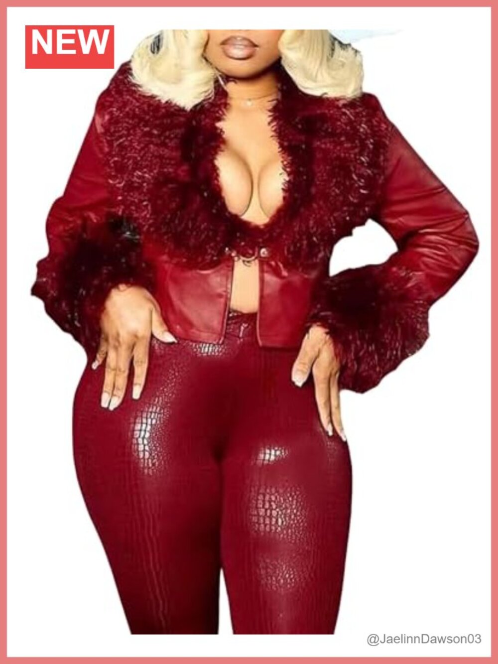 Faux Leather V-Neck Buckle Jacket Plush Long Sleeve Cropped Coat